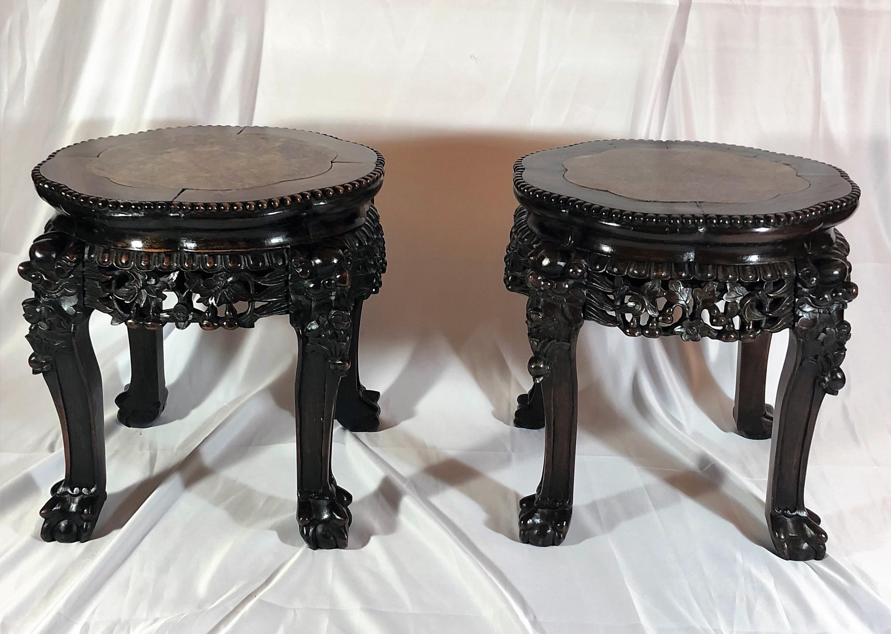 Pair of Antique Carved Teak Stands with Marble Tops In Good Condition For Sale In New Orleans, LA