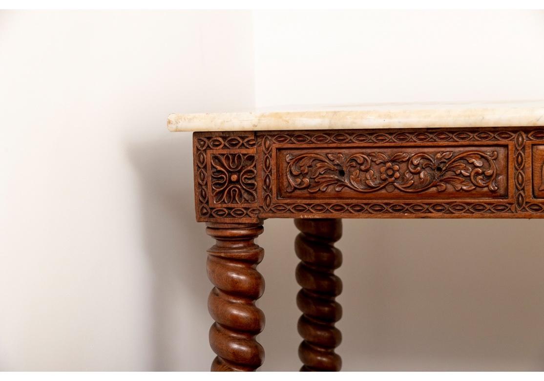 Marble Pair of Antique Carved Walnut Barley Twist Library Tables