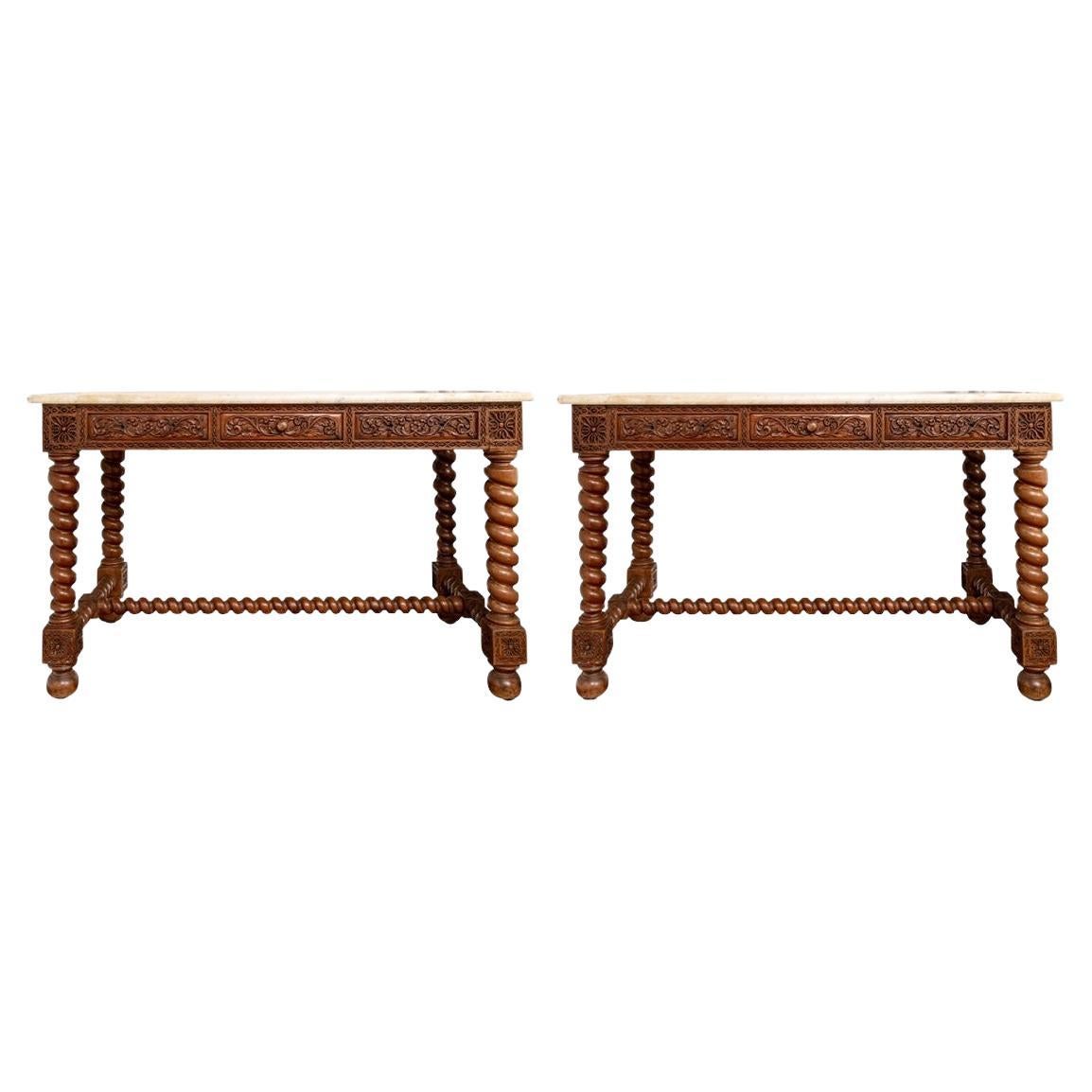 Pair of Antique Carved Walnut Barley Twist Library Tables