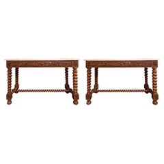 Pair of Antique Carved Walnut Barley Twist Library Tables