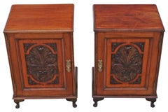 Pair of Antique Carved Walnut Bedside Tables – Quality Vintage Cupboards Drawers