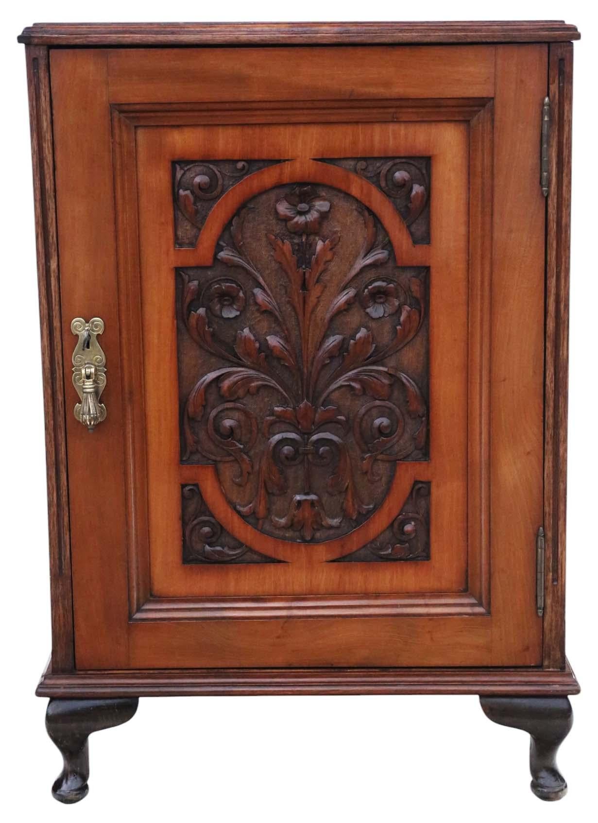 Pair of Antique Carved Walnut Bedside Tables – Quality Vintage Cupboards Drawers For Sale 1