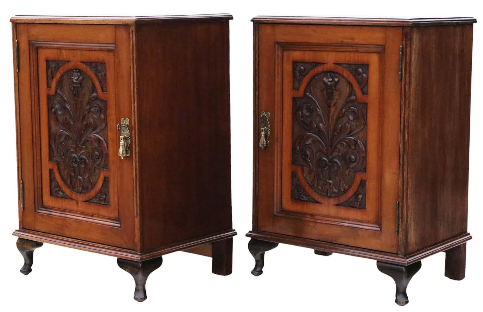 Pair of Antique Carved Walnut Bedside Tables – Quality Vintage Cupboards Drawers For Sale 2