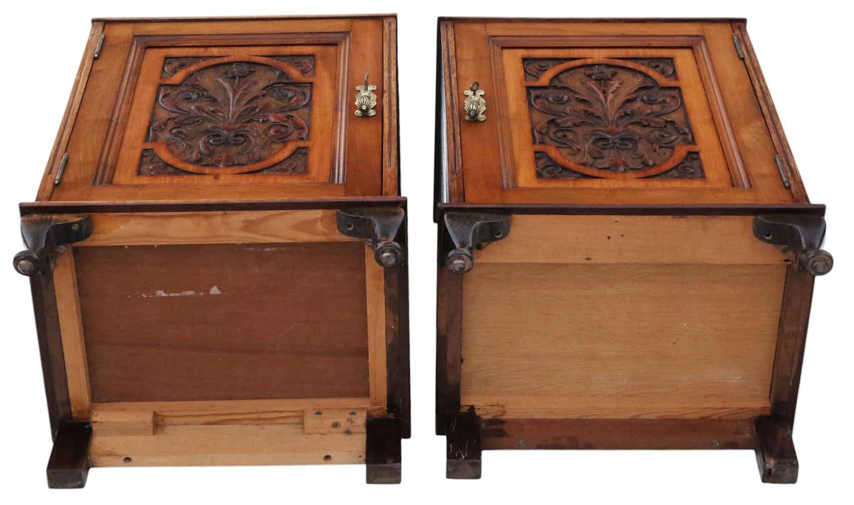 Pair of Antique Carved Walnut Bedside Tables – Quality Vintage Cupboards Drawers For Sale 5