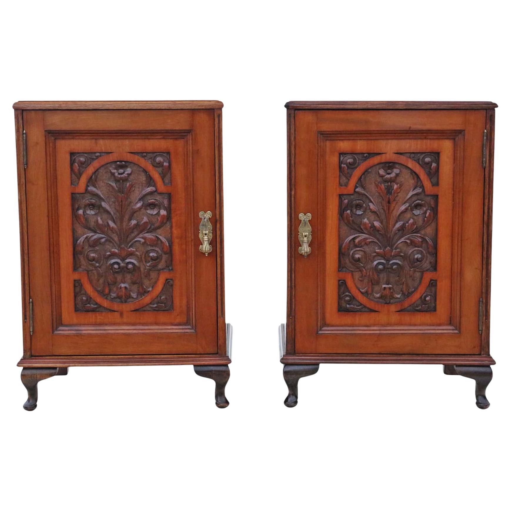 Pair of Antique Carved Walnut Bedside Tables – Quality Vintage Cupboards Drawers