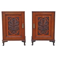 Pair of Antique Carved Walnut Bedside Tables – Quality Vintage Cupboards Drawers