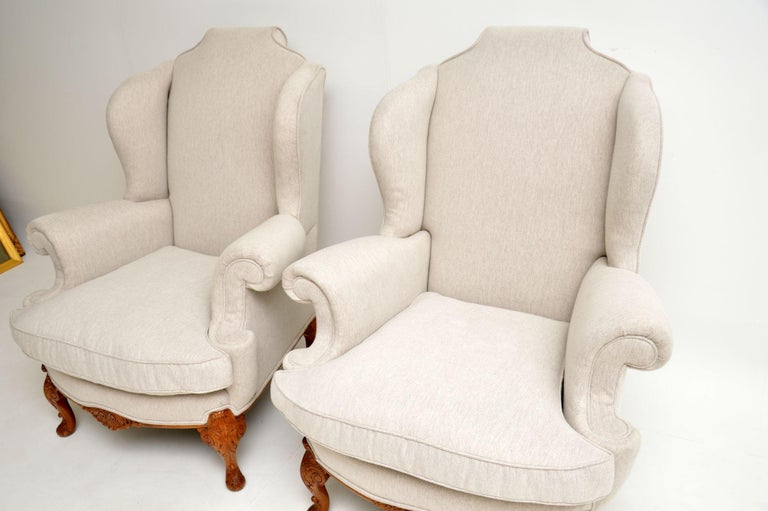 Pair of Antique Carved Walnut Wing Back Armchairs For Sale 4