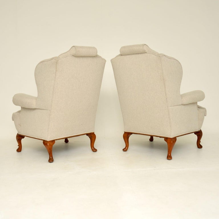 Pair of Antique Carved Walnut Wing Back Armchairs For Sale 6