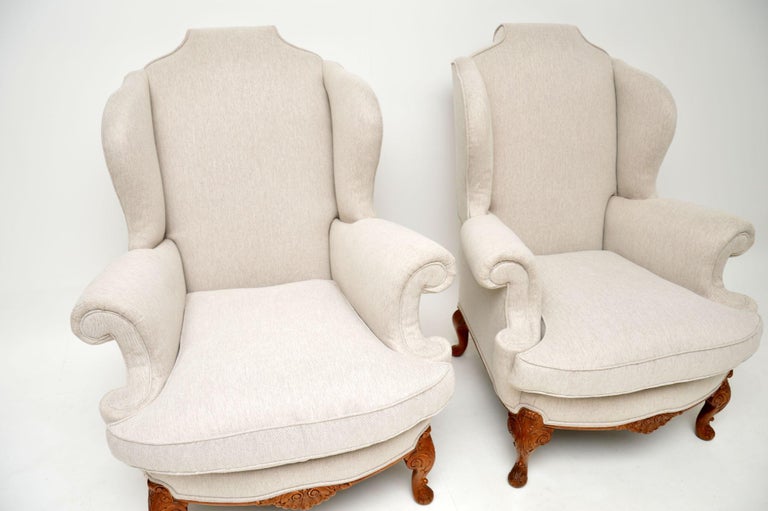 Pair of Antique Carved Walnut Wing Back Armchairs For Sale 3