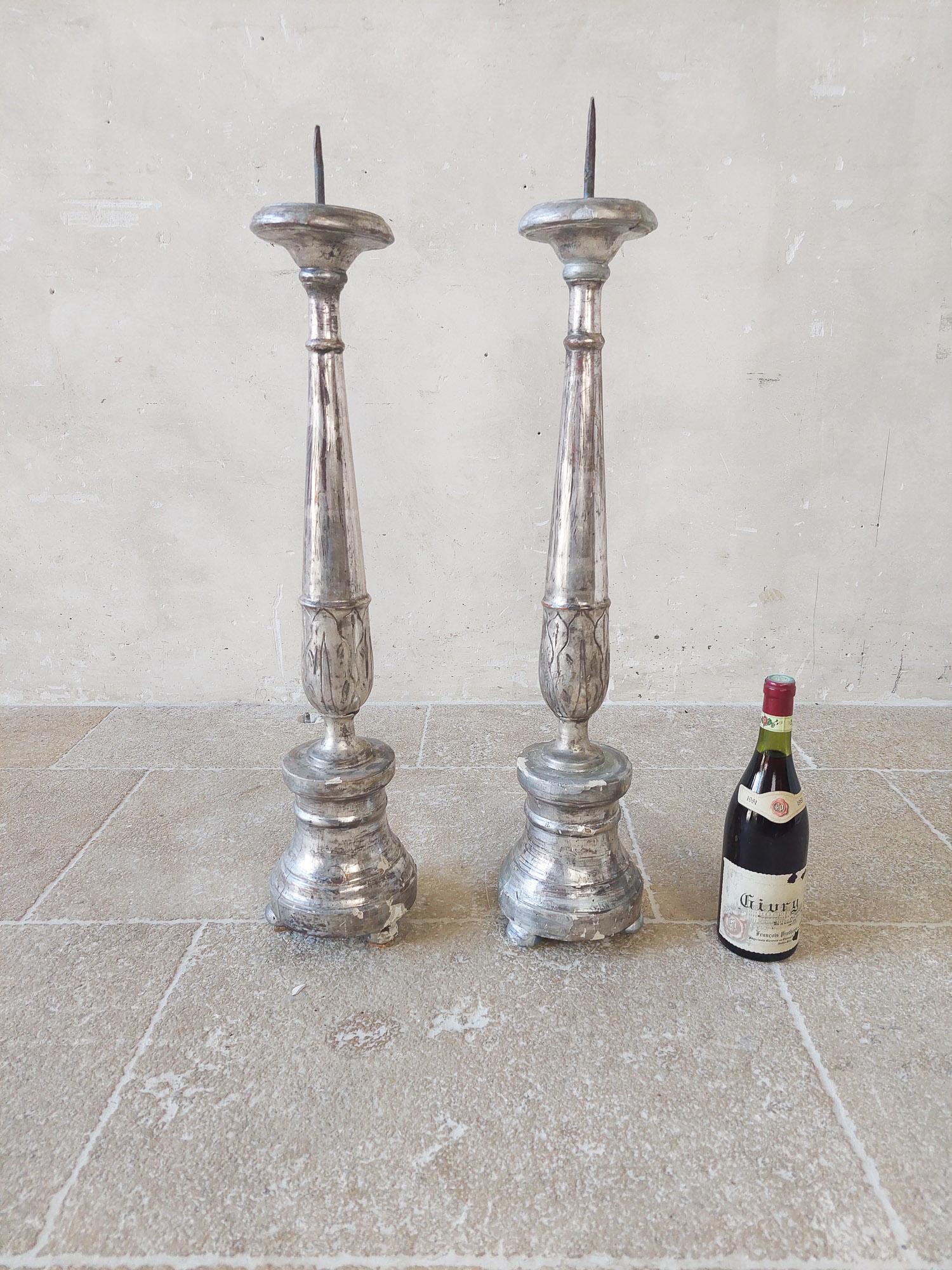 Pair of Antique Carved Wood and Silver Plated Church Candlesticks 18th Century For Sale 5