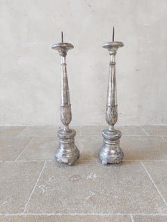 Pair of Antique Carved Wood and Silver Plated Church Candlesticks 18th Century