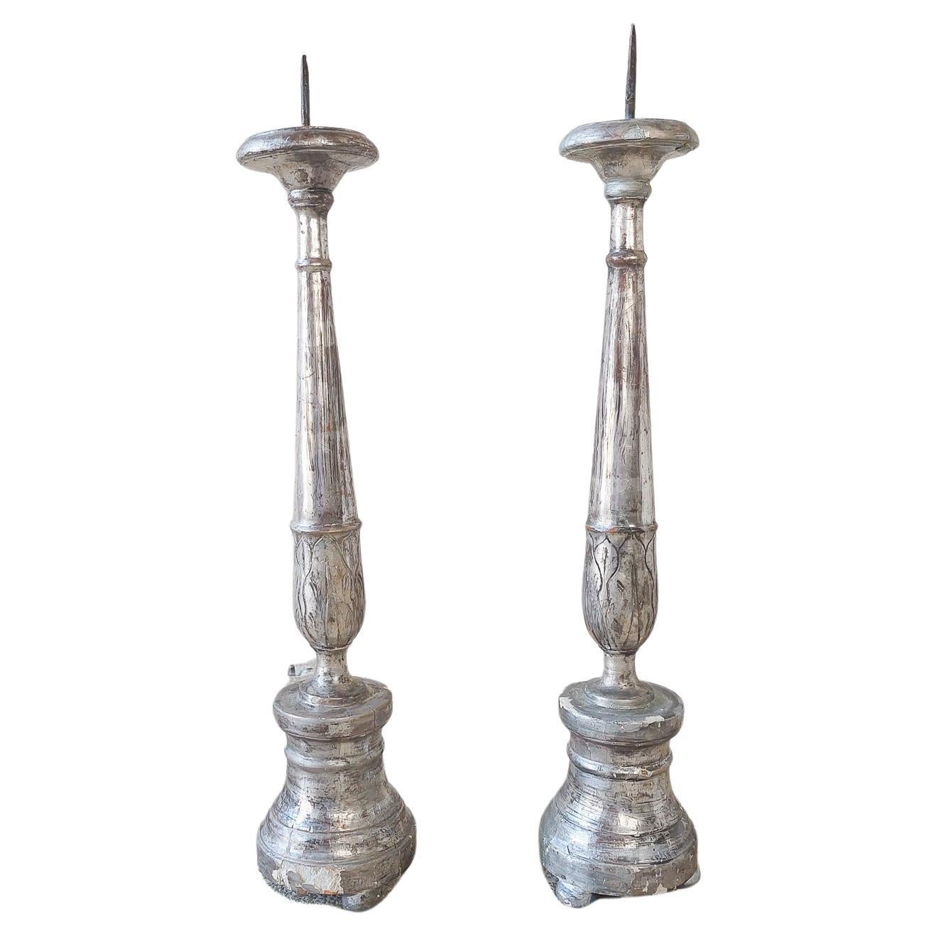 Pair of Antique Carved Wood and Silver Plated Church Candlesticks 18th Century