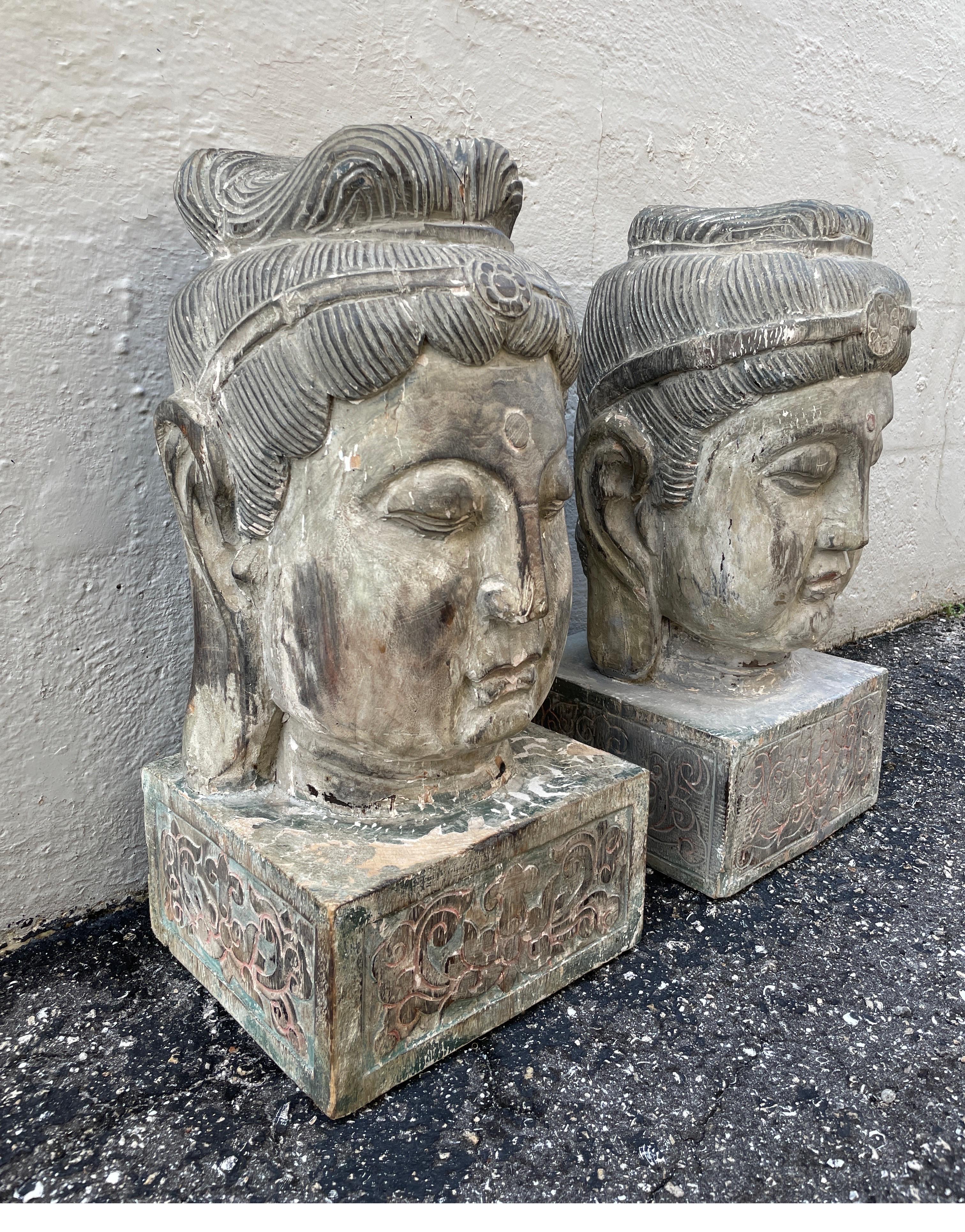 Thai Pair of Carved Wood Buddha Head Sculptures For Sale