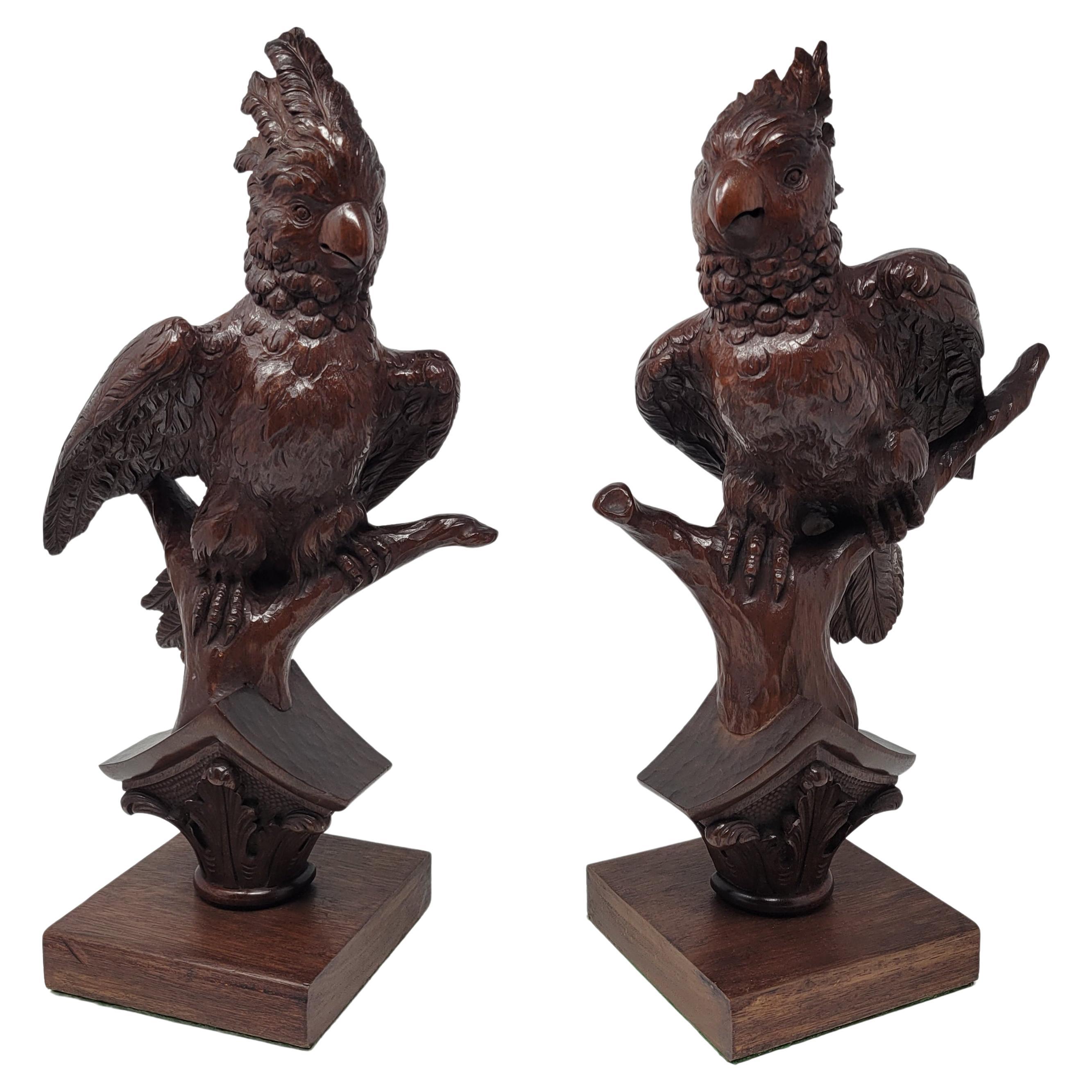 Pair of Antique Carved Wood Cockatoos 