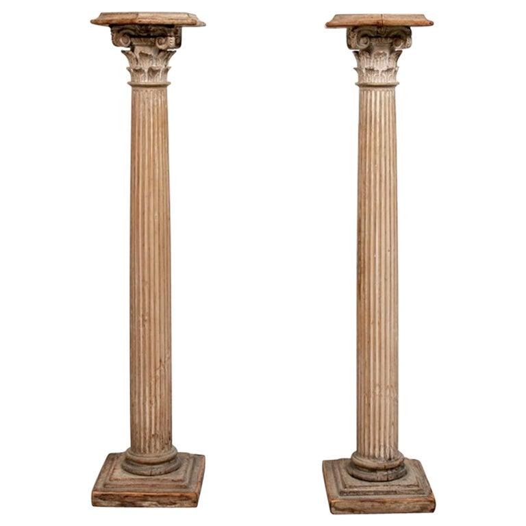 Pair of Antique Carved Wood Column Form Pedestals For Sale at 1stDibs