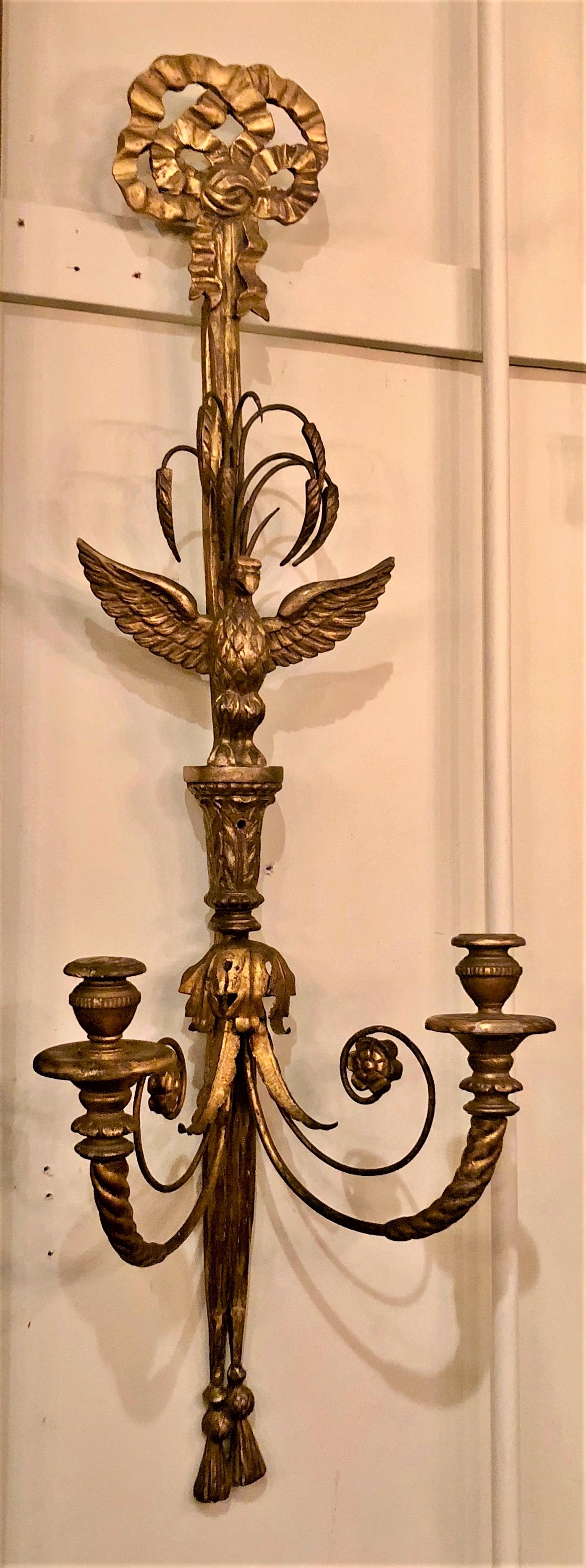 English Pair of Antique Carved Wood Eagle Sconces For Sale