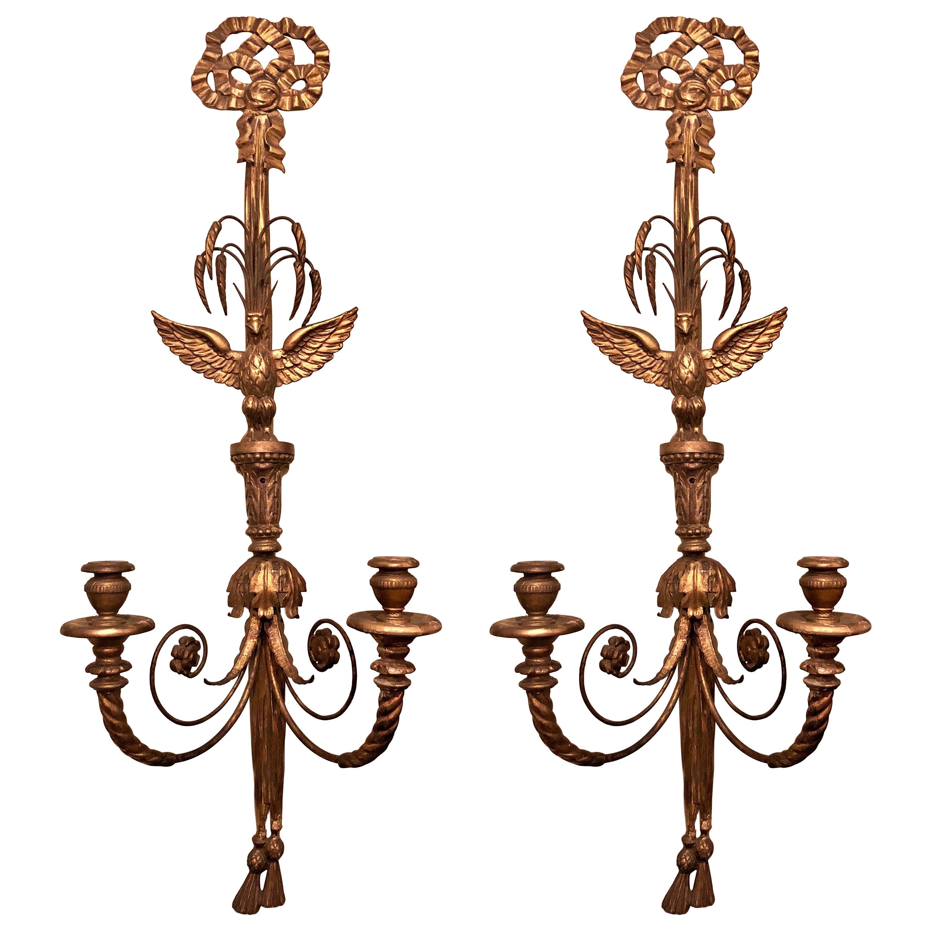 Pair of Antique Carved Wood Eagle Sconces In Good Condition For Sale In New Orleans, LA