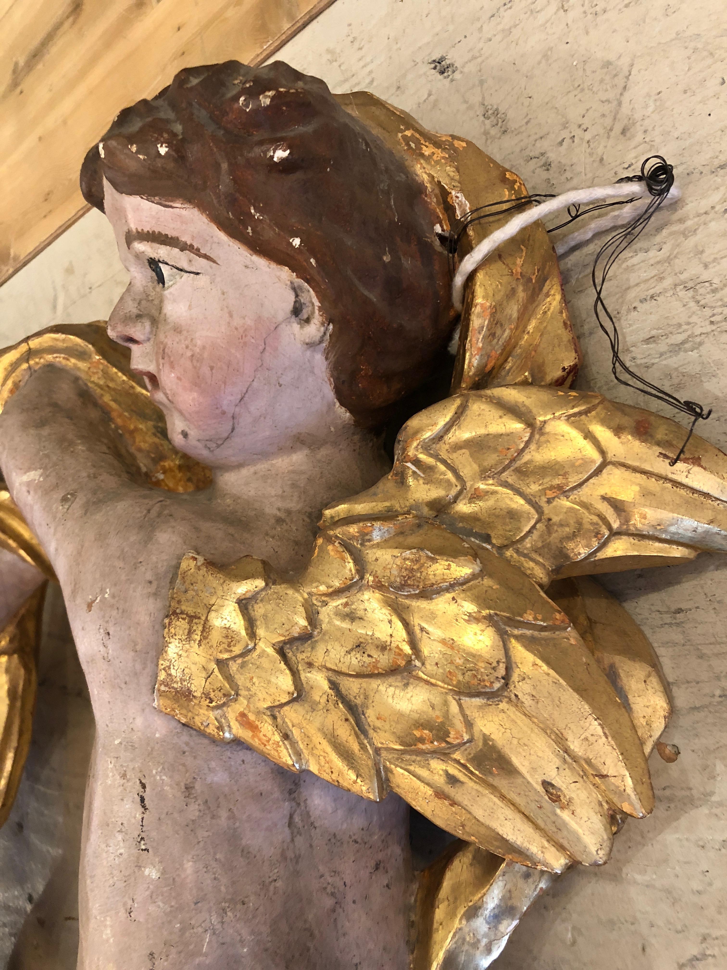 Pair of Antique Carved Wood and Gilded Cherub Sculptures 2