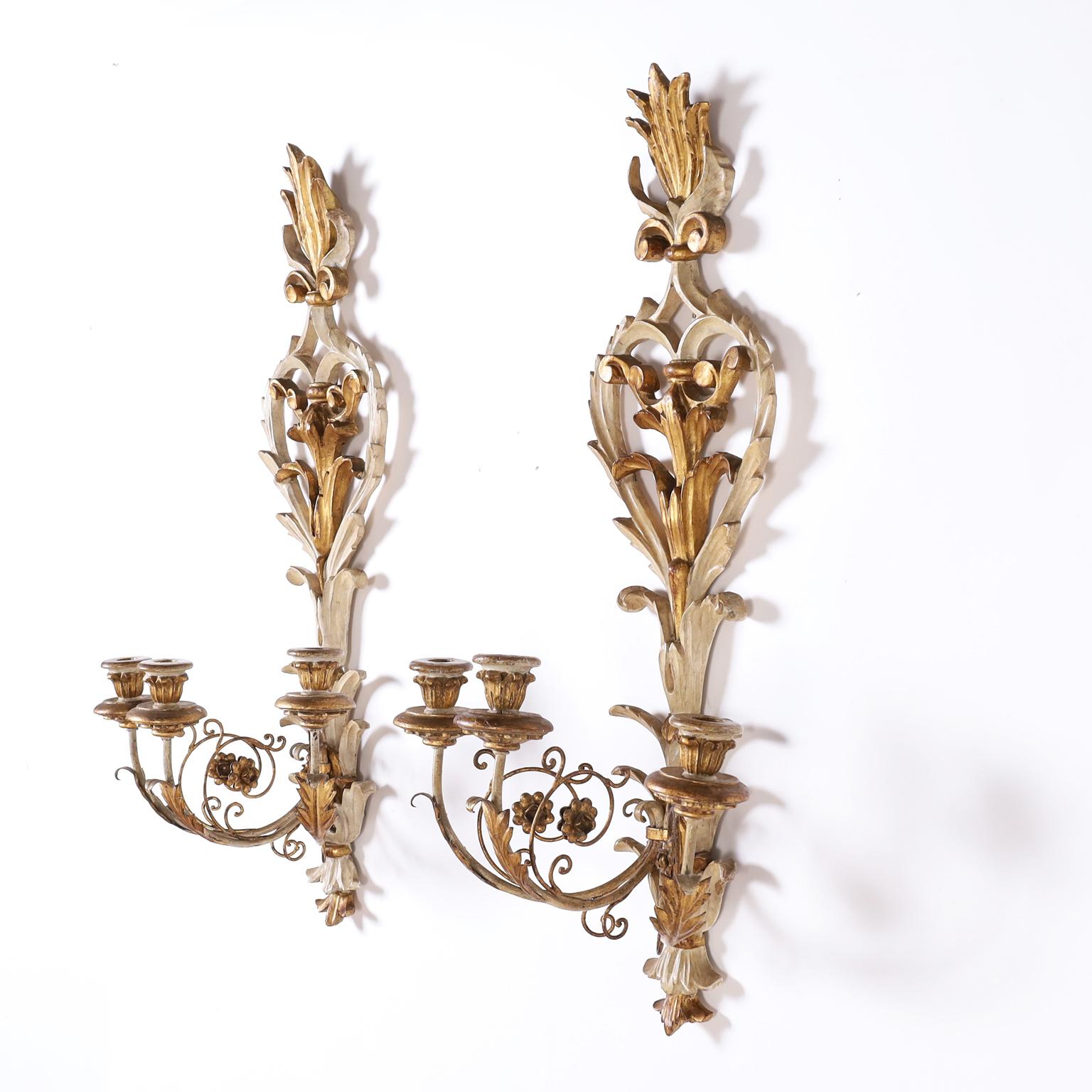 Italian Pair of Antique Carved Wood Gilt and Painted Rococo Style Wall Sconces