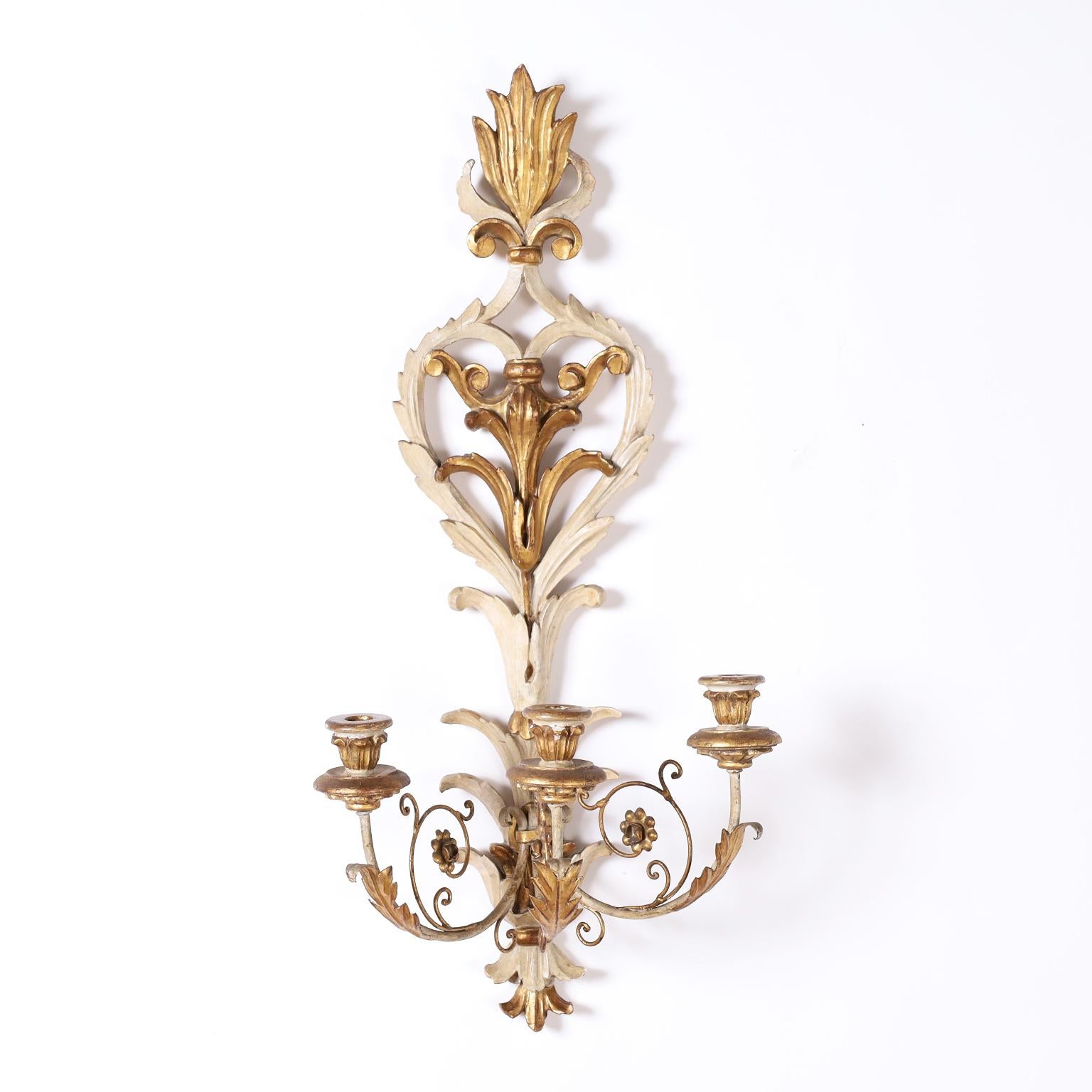 Pair of Antique Carved Wood Gilt and Painted Rococo Style Wall Sconces In Good Condition In Palm Beach, FL