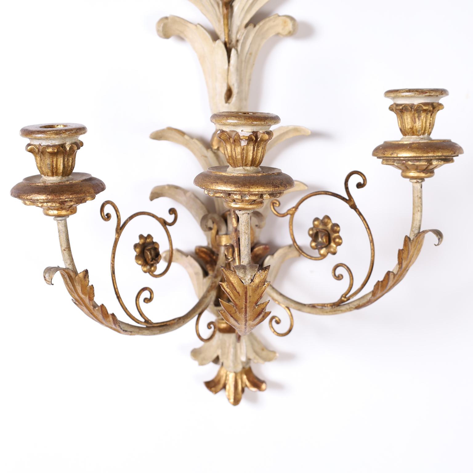 Pair of Antique Carved Wood Gilt and Painted Rococo Style Wall Sconces 2