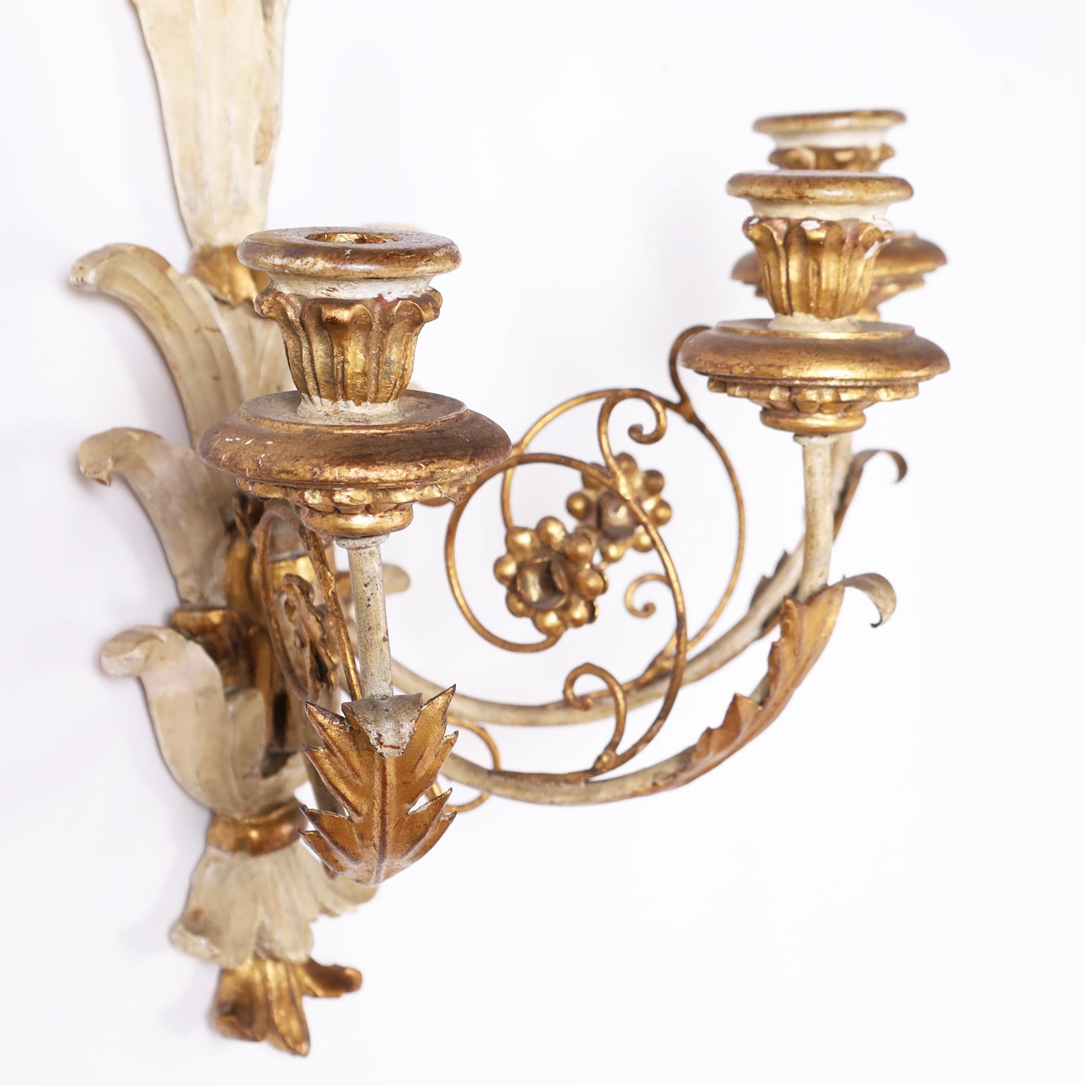 Pair of Antique Carved Wood Gilt and Painted Rococo Style Wall Sconces 3