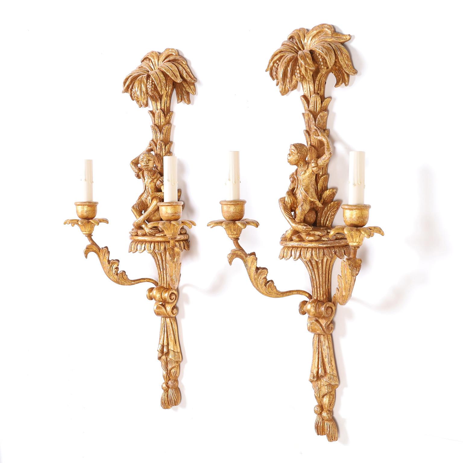 Rococo Pair of Antique Carved Wood Italian Wall Sconces with Monkeys