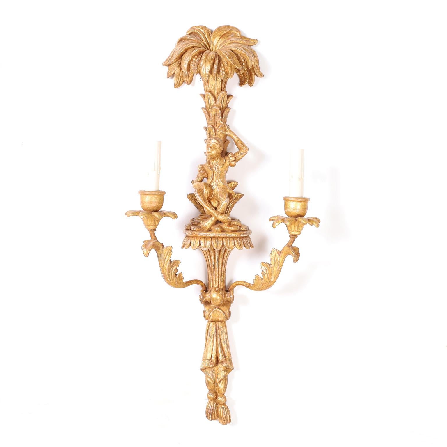 Gilt Pair of Antique Carved Wood Italian Wall Sconces with Monkeys