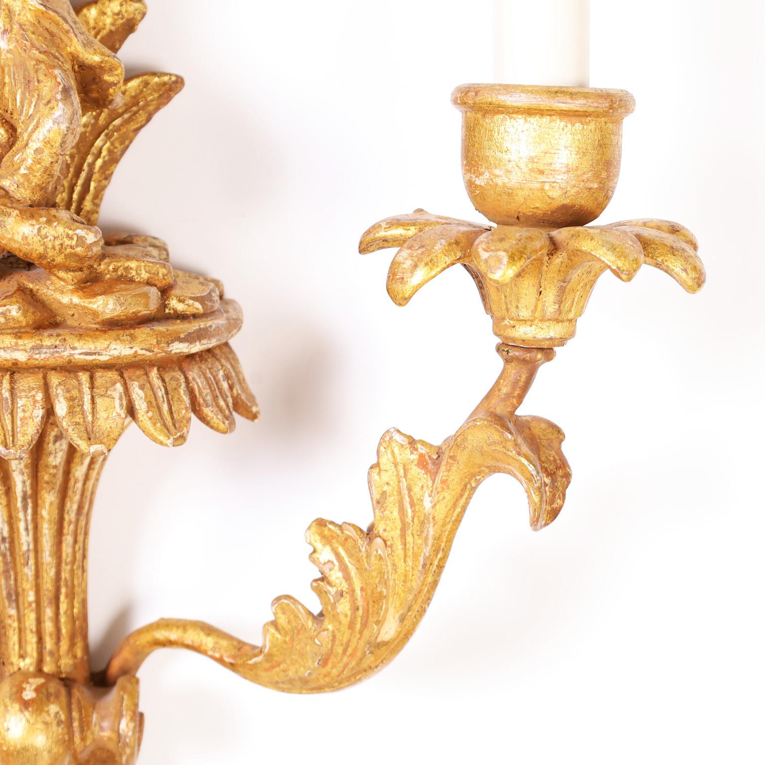 Giltwood Pair of Antique Carved Wood Italian Wall Sconces with Monkeys