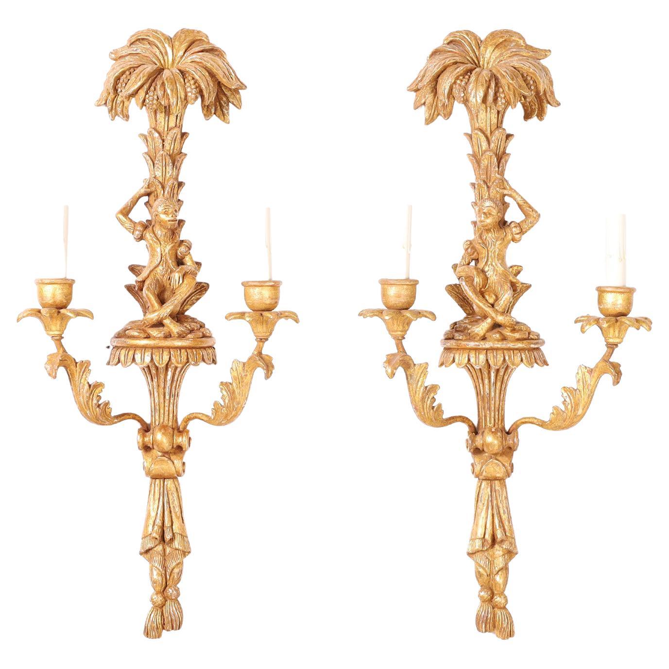 Pair of Antique Carved Wood Italian Wall Sconces with Monkeys