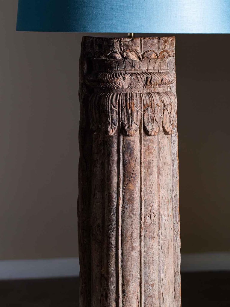 Pair of Antique Carved Wood Pillar Column Floor Lamps from Indonesia