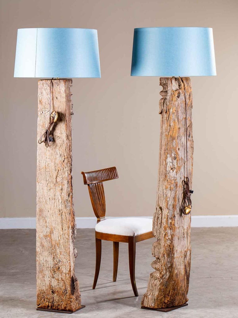 Pair Of Antique Carved Wood Pillar Column Floor Lamps From Indonesia Circa 1890