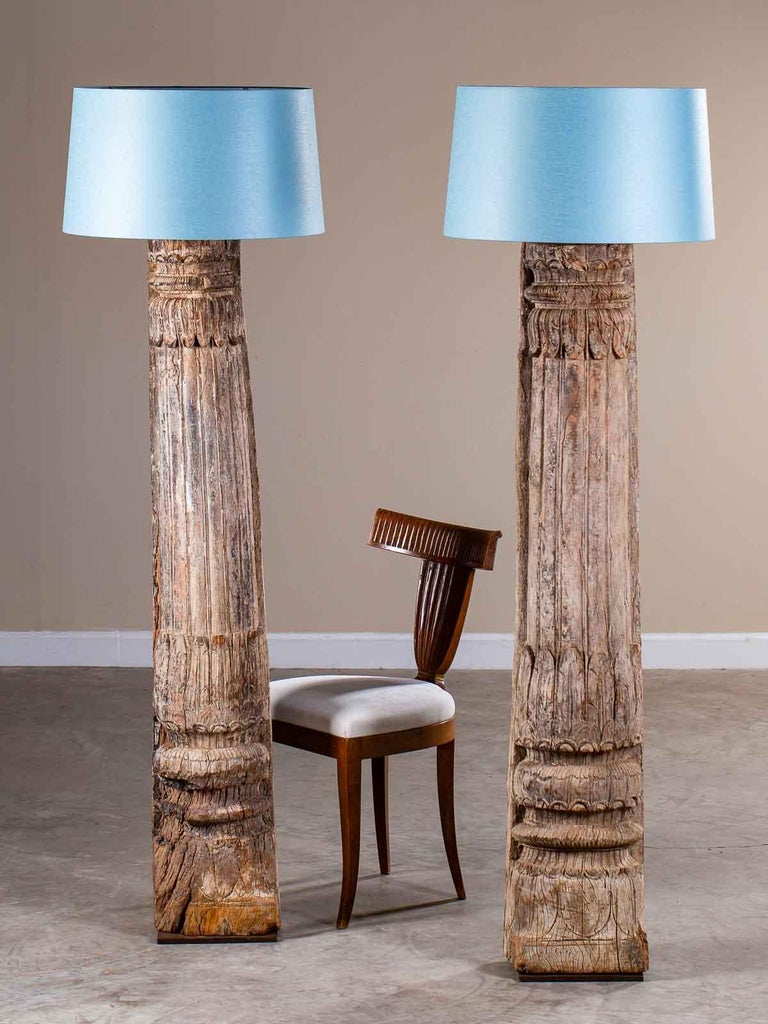 Pair Of Antique Carved Wood Pillar Column Floor Lamps From Indonesia Circa 1890