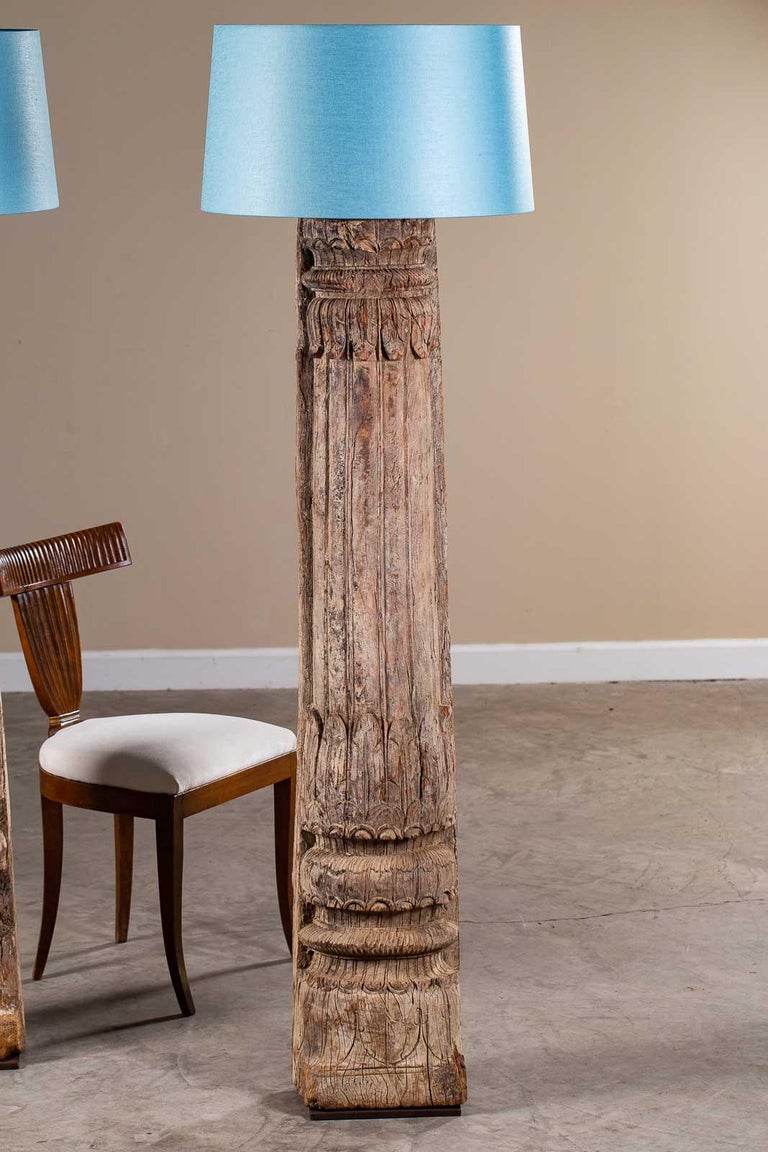 Pair Of Antique Carved Wood Pillar Column Floor Lamps From Indonesia Circa 1890