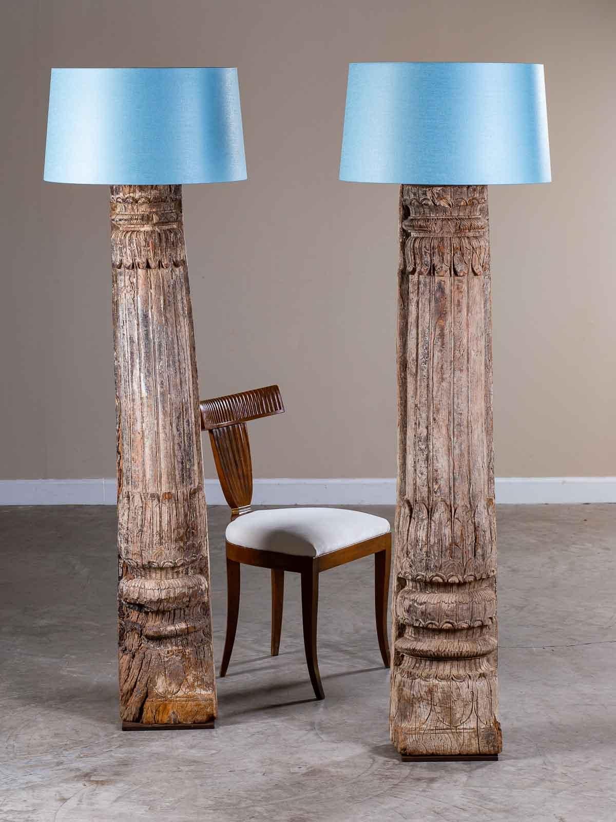 Anglo-Indian Pair of Antique Carved Wood Pillar Column Floor Lamps from Indonesia, circa 1890 For Sale
