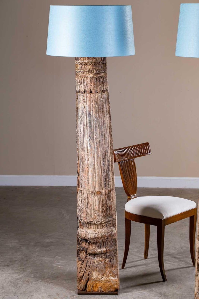 Pair Of Antique Carved Wood Pillar Column Floor Lamps From Indonesia Circa 1890