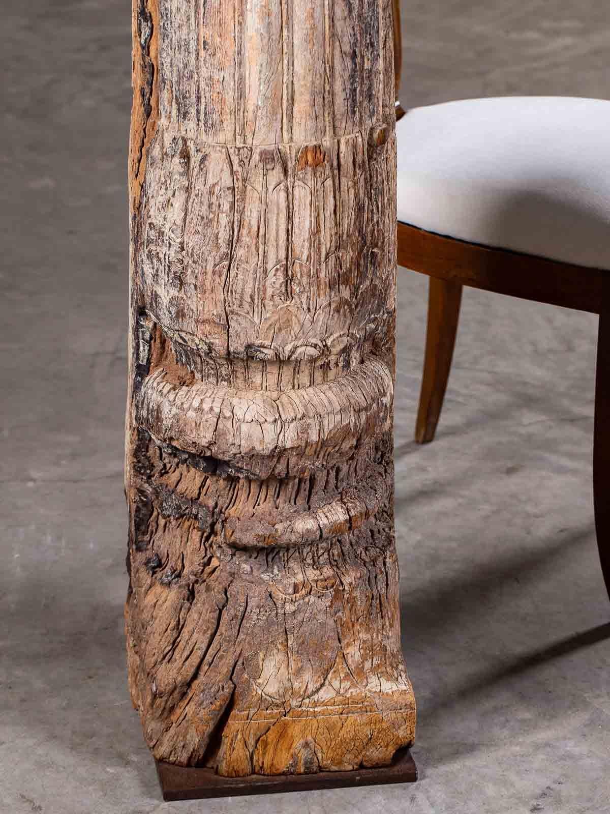 Pair of Antique Carved Wood Pillar Column Floor Lamps from Indonesia, circa 1890 In Excellent Condition For Sale In Houston, TX
