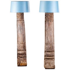 Pair of Antique Carved Wood Pillar Column Floor Lamps from Indonesia, circa 1890