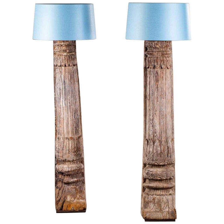 Pair of Antique Carved Wood Pillar Column Floor Lamps from Indonesia