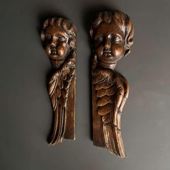 Pair Of Antique Carved Wood Putti Church Fragments