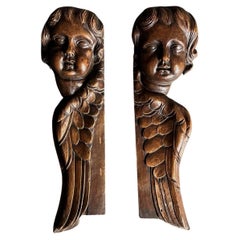 Pair Of Antique Carved Wood Putti Church Fragments