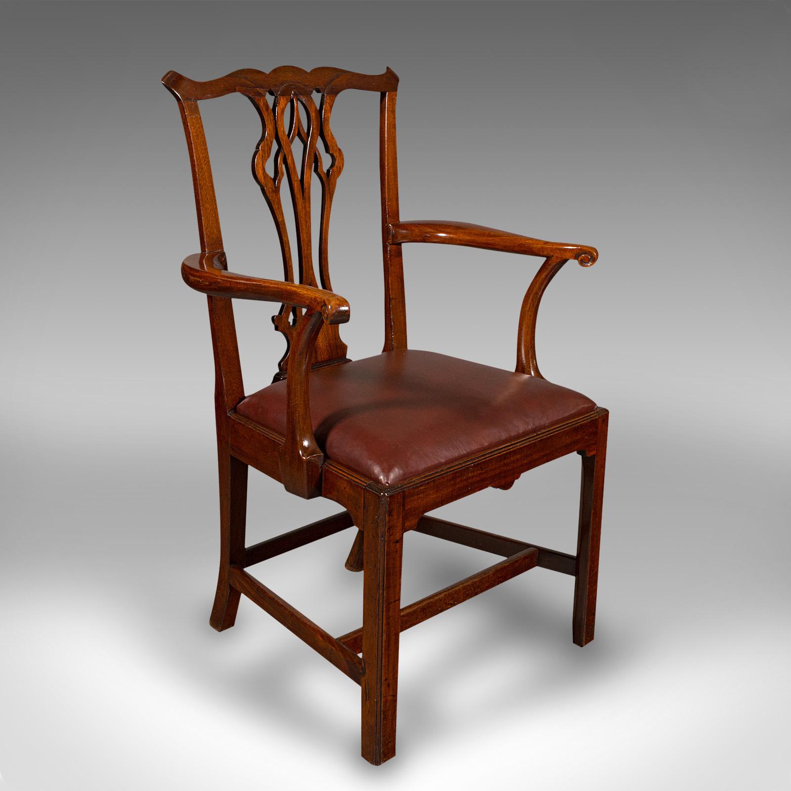 Leather Pair Of Antique Carver Chairs, English, Elbow Seat, Chippendale Taste, Georgian For Sale