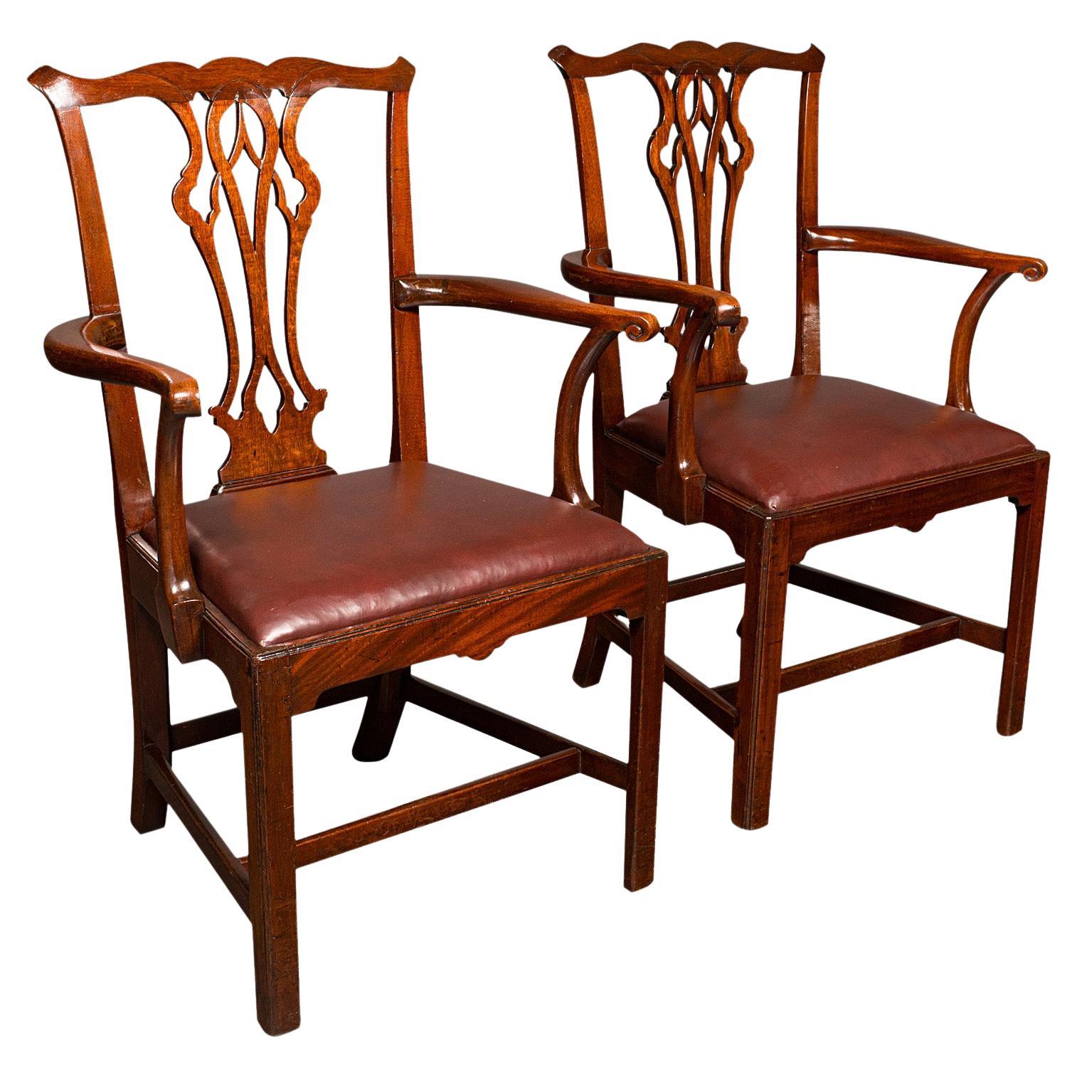 Pair Of Antique Carver Chairs, English, Elbow Seat, Chippendale Taste, Georgian For Sale