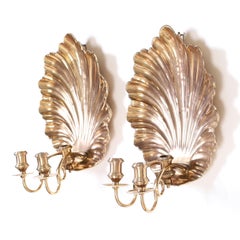 Pair of Antique Cast Brass Seashell Wall Sconces