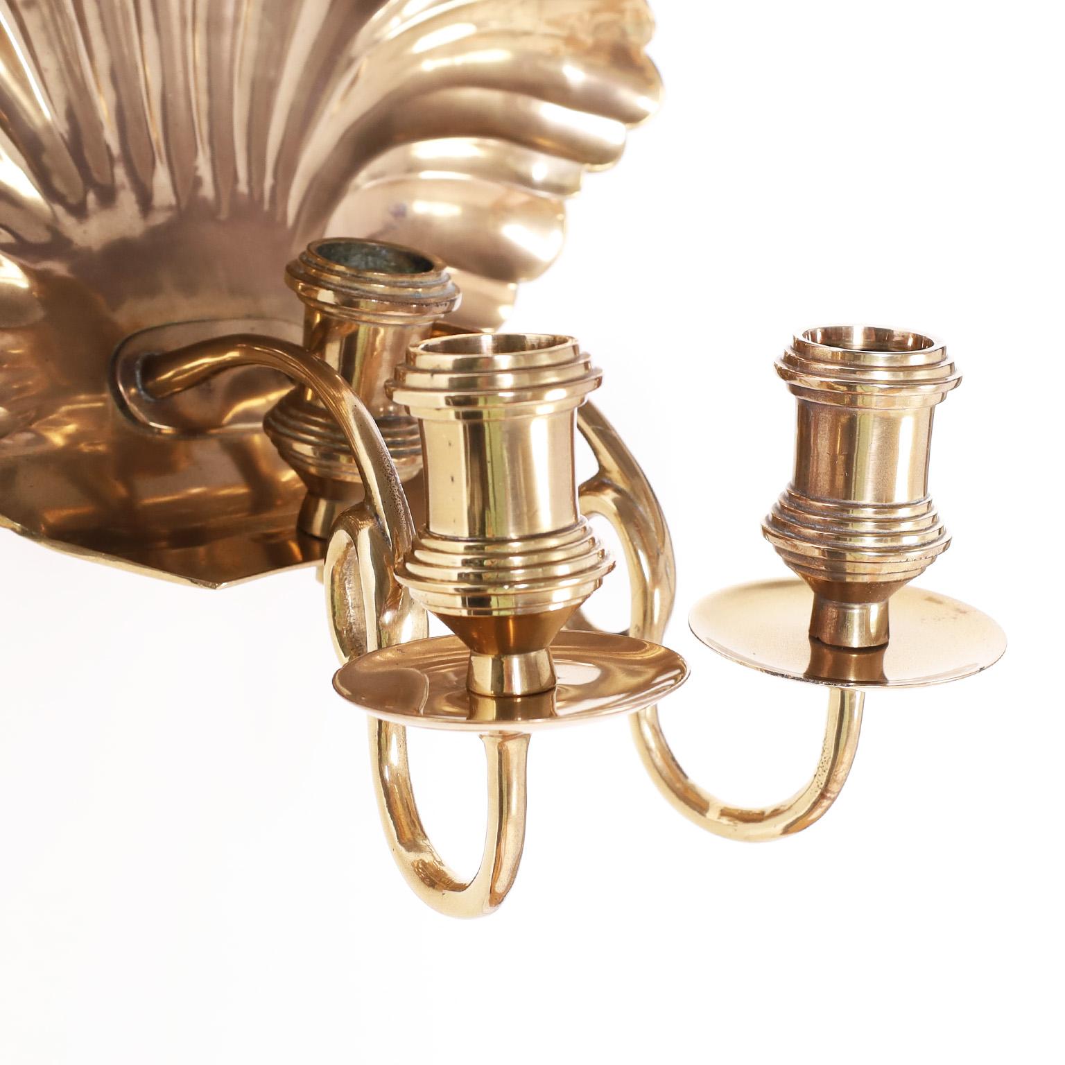 English Pair of Antique Cast Brass Seashell Wall Sconces