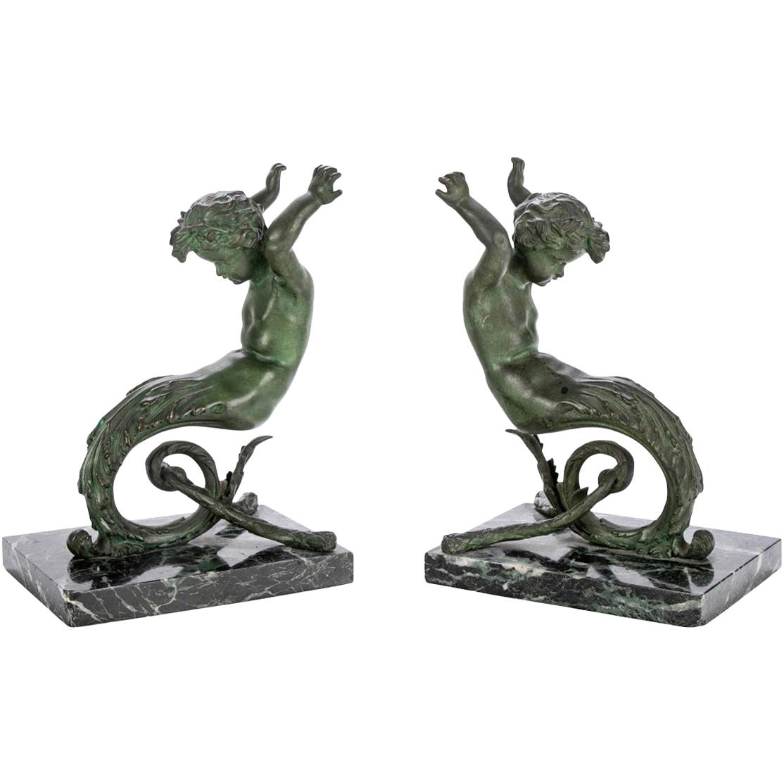 Pair of Antique Bronze Figures of Cherubs and Animals For Sale at 1stDibs