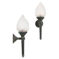 Pair of Antique Cast Bronze Torchiere Flame Wall Lamp Sconce Lights c.1900