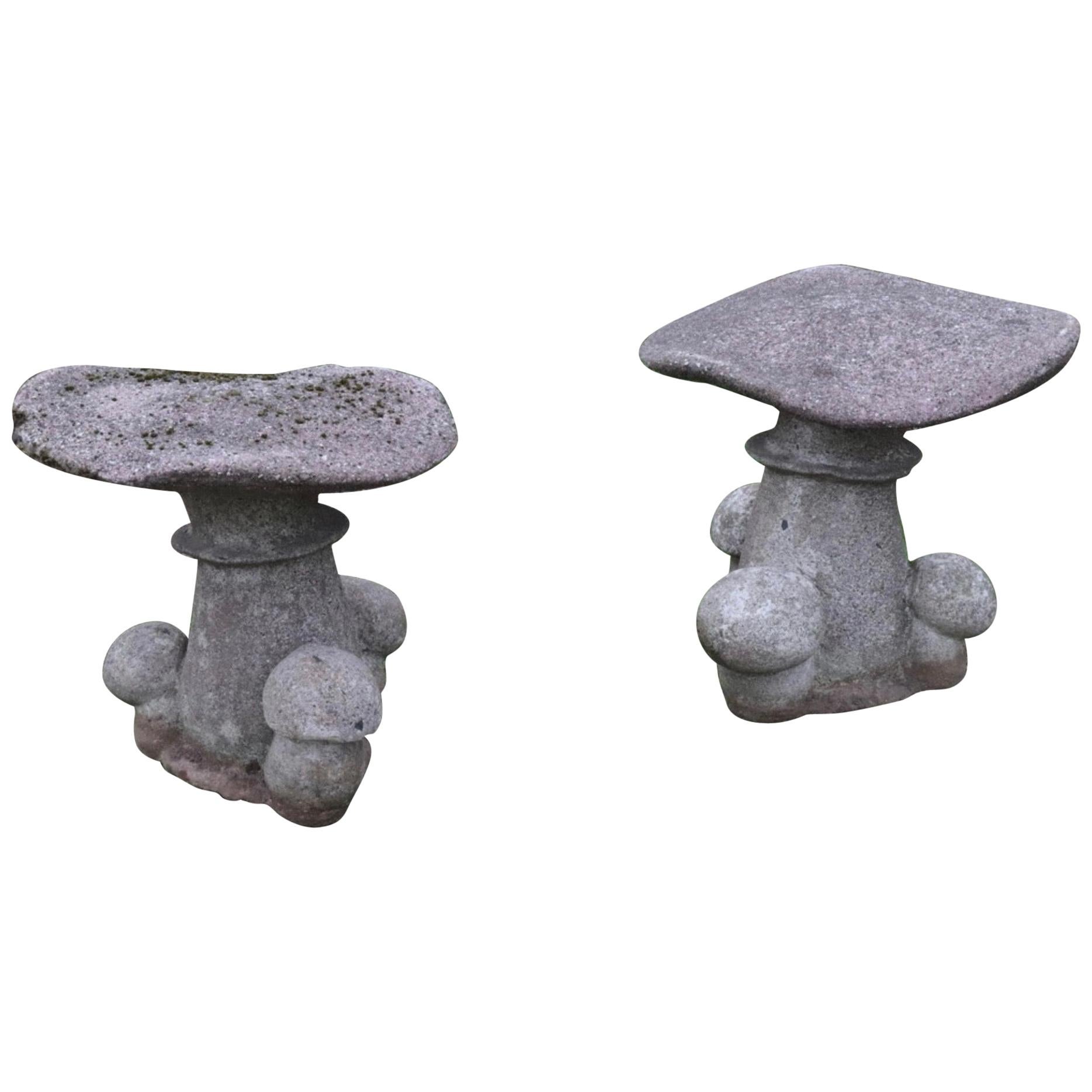 Pair of Antique Cast Cement Garden Toad Stools