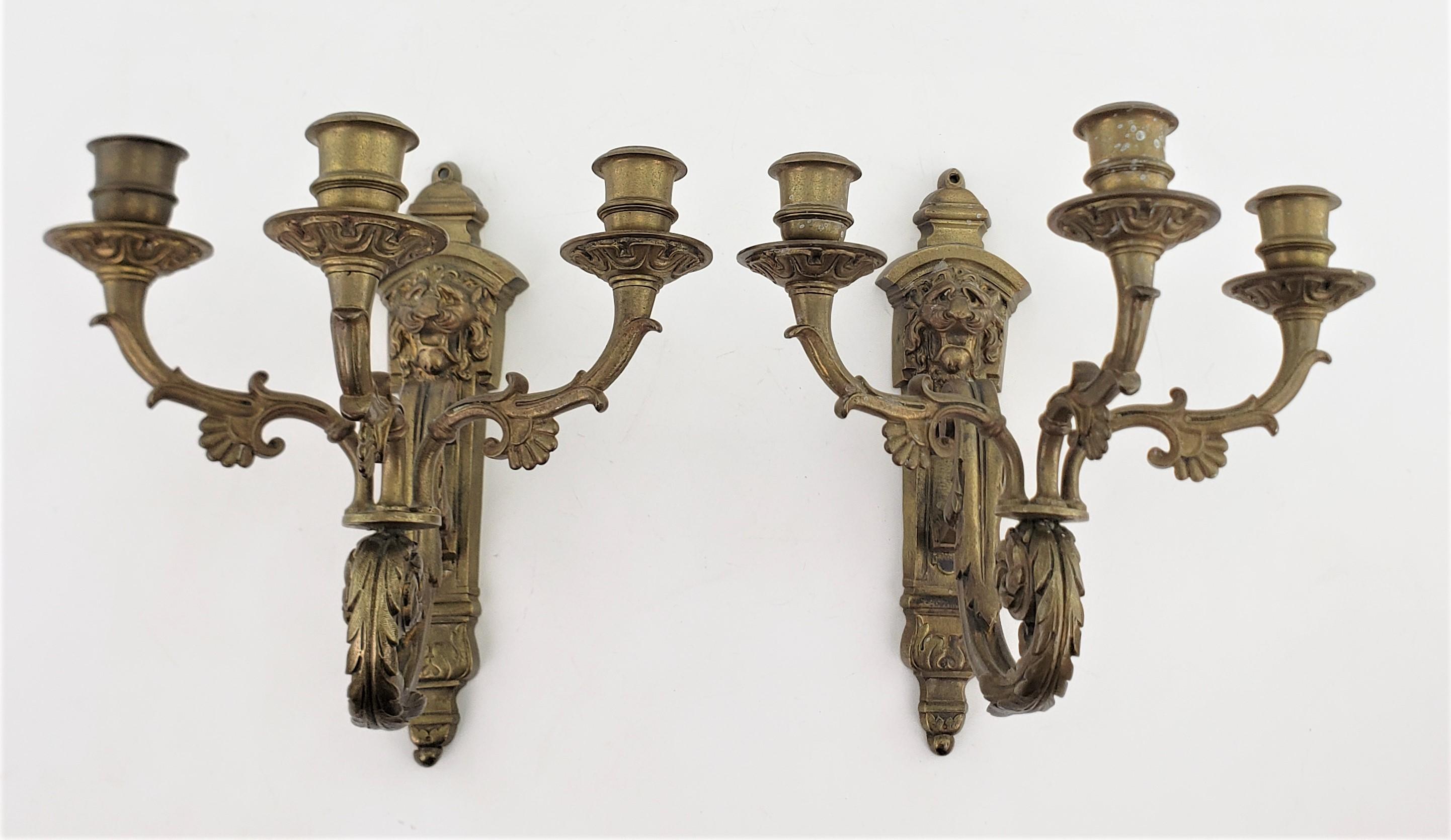 Pair of Antique Cast & Gilt Bronze Candle Sconces with Lion Head Decoration For Sale 8