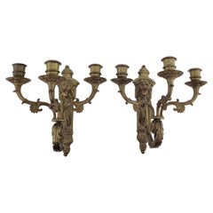 Pair of Antique Cast & Gilt Bronze Candle Sconces with Lion Head Decoration